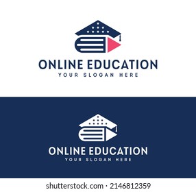Online Education Vector Illustration. Hat, Book, Pen, Pencil, Stars and Play Button. Education Icon Concept White Isolated. Flat Design Suitable for Web, Banner, Flyer, Sticker, Card, Background.