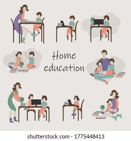 Online education vector illustration Home schooling, children study at home, hand-drawn people