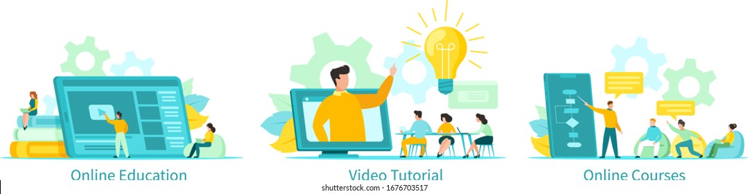 Online education vector illustration, learning people students with tutorials, courses set. Educational programs remotely by internet using computer, phone, tablet. Video lectures, online school