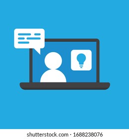 Online education vector illustration. Learning video on computer screen. E-learning and teaching at home. Stay at home campaign.