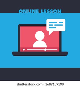 Online education vector illustration. Learning video on computer screen. E-learning and teaching at home. Stay at home campaign.