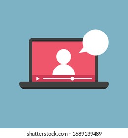 Online education vector illustration. Learning video on computer screen. E-learning and teaching at home. Stay at home campaign.