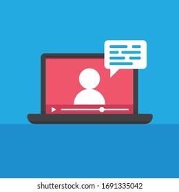 Online education vector illustration. Learning video on computer screen. E-learning and teaching at home. Stay at home campaign.