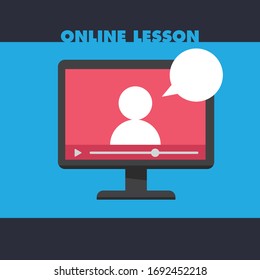 Ilustración vectorial de educación en línea. Aprendiendo video en la pantalla del ordenador. Aprendizaje electrónico y enseñanza en casa. Campaña "Quédate en casa".