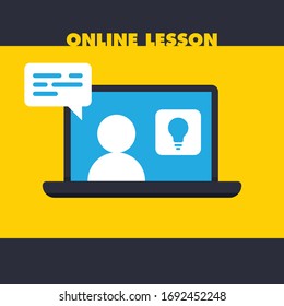 Online education vector illustration. Learning video on computer screen. E-learning and teaching at home. Stay at home campaign.