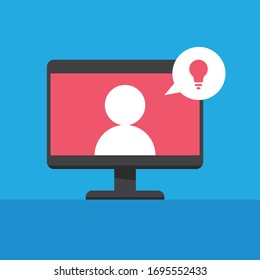 Online education vector illustration. Learning video on computer screen. E-learning and teaching at home. Stay at home campaign.