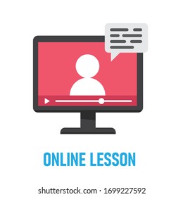 Online education vector illustration. Learning video on computer screen. E-learning and teaching at home. Stay at home campaign.