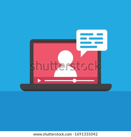 Online education vector illustration. Learning video on computer screen. E-learning and teaching at home. Stay at home campaign.