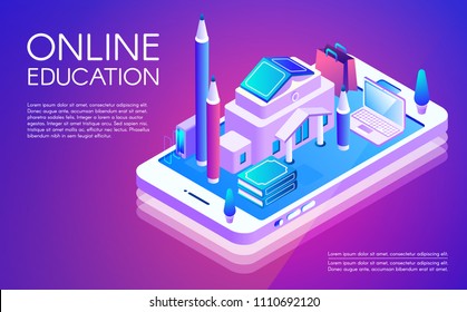 Online education vector illustration of remote study of university or college internet courses. Study technology of isometric school books in computer or smartphone on purple ultraviolet background