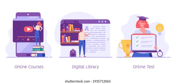 Online education vector illustration set. Concept of online courses, e-learning, digital library, e-book, online exam, examination and testing in university, college. Flat illustration for UI, banner