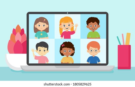 Online education vector illustration. Smiling kids on a screen of laptop. Video conference with pupils. 