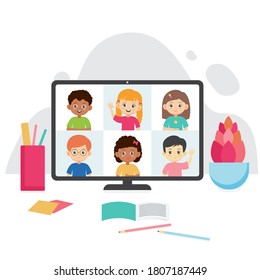 Online education vector illustration. Smiling kids on a  computer screen. Video conference with pupils. 