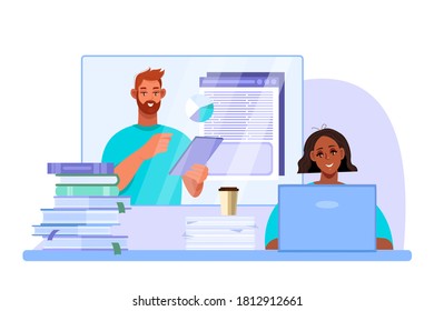 Online education vector illustration with student, tutor learning in internet, laptop. Virtual meeting or video call concept with freelancer and boss. Online university or school education flat banner