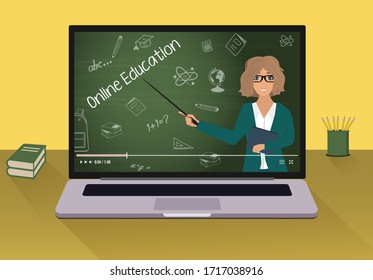 Online education vector illustration of teacher. Freelance work, distance studying. Closing schools, universities. Studying remotely. Online education background. Study at home, Coronavirus quarantine