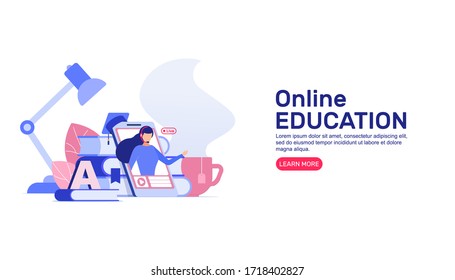 Online Education vector illustration. Web banner, poster for site. Art with online teacher, books, table lamp, cup and and button Learn More. Banner for distance learning school on white background.