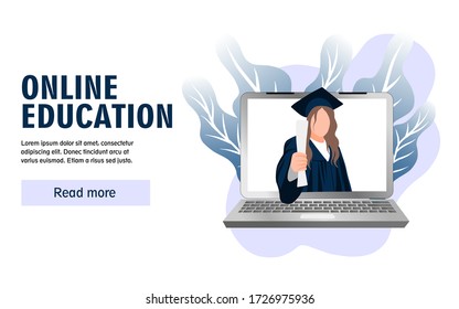 Ilustración vectorial de educación en línea. Banner web, afiche del sitio. Niña graduada en una confederación y con un diploma. Cartel para instituto o escuela de aprendizaje a distancia con antecedentes blancos.