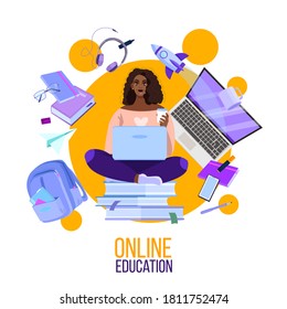 Online education vector illustration with young black student using laptop. Remote training or internet courses concept with rocket, bag pack, books. Online education or webinar flat banner with woman