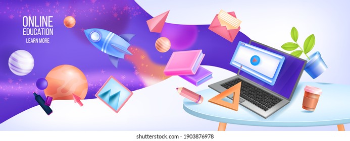 Online education vector internet school, university training, digital courses concept, flying objects, laptop. Creative abstract space background, plants, rocket. Online education video class banner