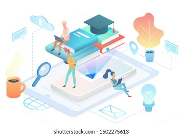 Online education vector isometric illustration. E-learning, Internet courses, distance university, remote job. Students watching video tutorials, reading ebooks 3d cartoon characters