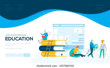 Online education vector landing page template. Media library website homepage design. Students preparing for exams cartoon illustration. Distance learning. E-reader cartoon web banner layout