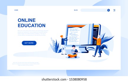 Online education vector landing page template with header. E learning web banner, homepage design with flat illustrations. Ebooks and online library. Distance studying, webinars and internet courses