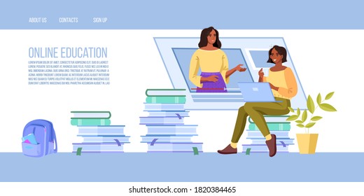 Online education vector landing page template with black tutor and young student learning in internet. Virtual meeting or webinar concept with teacher, books, bag. Online education flat illustration 