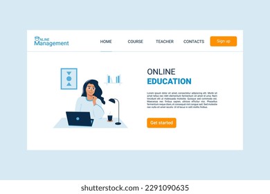 Online education vector landing page template with title. Online education homepage design with a woman in flat style.