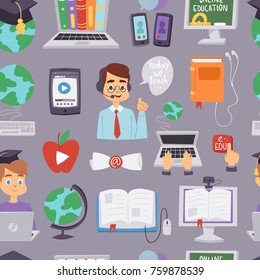 Online education vector languages school and travel programs educational distance on-line learning teachers and students icons set seamless pattern background