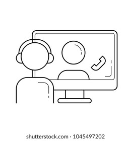 Online education vector line icon isolated on white background. Student and professor communicating through a computer line icon for infographic, website or app. Concept of online education.