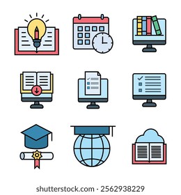 Online education vector line icons set. Book, computer, graduation hat, webinar, diploma outline symbols. Linear, thin line style.