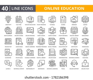 Online Education Vector Lines Icon Set. Related Of E-learning And Digital Learning. Thin Line Quality Icons For Web Element