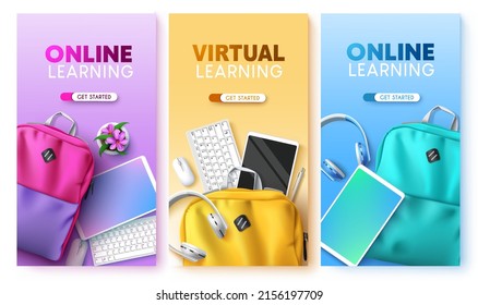 Online education vector poster set. Virtual learning text with backpack bag, tablet and keyboard elements in pastel background design for e-learning home school collection. Vector illustration.
