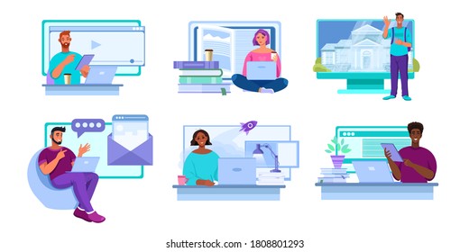 Online education vector set with diverse people working and studying in internet at home. Virtual university and school concepts with multinational students. Online education and career flat designs