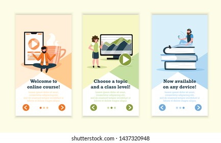 Online education vertical banners set with clickable page switch buttons text and conceptual images of people vector illustration