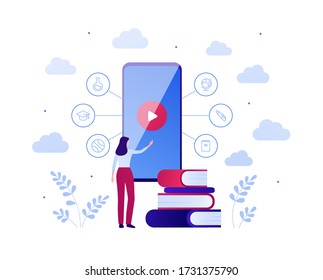 Online education video app for online course concept. Vector flat people illustration. Woman touch screen of smart phone with play button. Book and college theme icons. Design for banner, infographic.