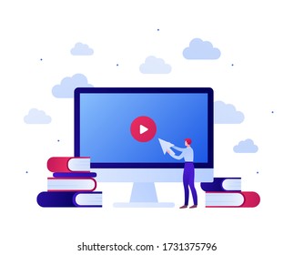 Online education video app for online course concept. Vector flat people illustration. Man Hold arrow on computer screen with play button. Stack of book sign. Design for banner, infographic.