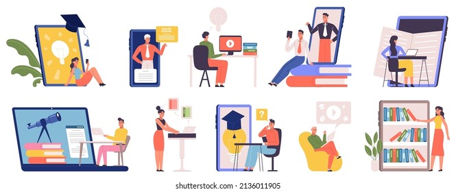 Online education, video language training, digital workshop, e-learning concept. Learning online home by video call vector illustration set. E-learning, online education. Education training distance