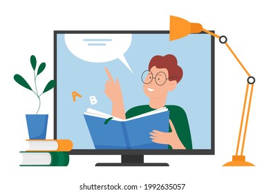 Online education, video lesson on web training course vector illustration. Cartoon teacher tutor man character teaching from computer screen, webinar or distance seminar learning isolated on white