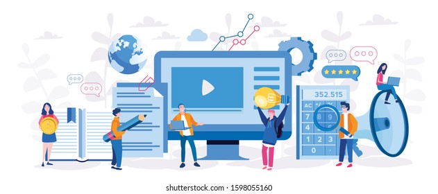 Online education video tutorial, business people. Vector illustration for web banner, infographics, mobile.