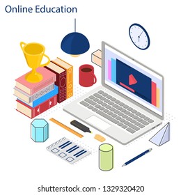 Online education. Video tutorial is in the isometric. The lessons on the laptop. Books, geometric shapes and a reward. Bright color design for web banner. Vector illustration.