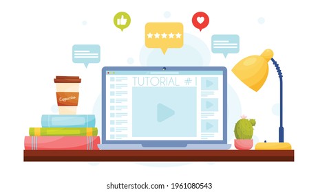 Online education, video tutorials. Flat design, vector illustration. 