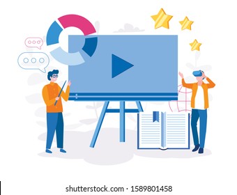 Online Education, Video Tutorials, Online training courses. Vector illustration for web banner, infographics, mobile. Retraining, specialization, tutorials.