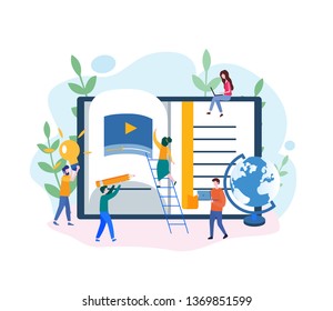 Online education, video tutorials, webinar, online training and courses, class seminar, app for distance e-learning, Interactive training. Vector illustration for presentation, apps, web, social media