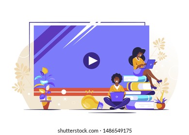 Online education, video tutorials, webinar, online training and courses, class seminar, app for distance e-learning, Interactive training. Vector illustration for presentation, apps, web, social media