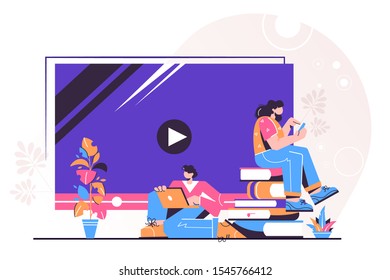 Online education, video tutorials, webinar, online training and courses, class seminar, app for distance e-learning, Interactive training. Vector illustration for presentation, apps, web, social media
