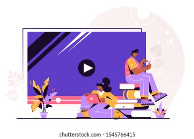 Online education, video tutorials, webinar, online training and courses, class seminar, app for distance e-learning, Interactive training. Vector illustration for presentation, apps, web, social media