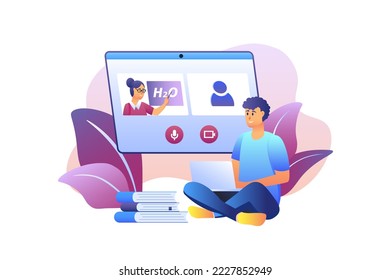 Online education violet gradient concept with people scene in the flat cartoon style. Guy with books sits at the computer and listens to the teacher's explanation. Vector illustration.