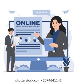 online education, virtual classes, professional certification, and digital libraries book concept 