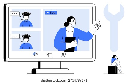 Online education, virtual classrooms, distance learning, e-learning tools, teacher interaction, remote tutoring. Computer screen shows teacher and students in video call. Online education and virtual