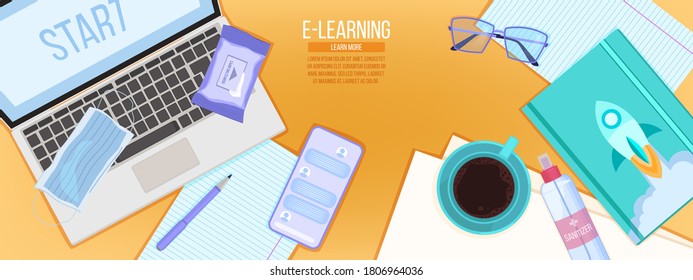 Online education or virtual university vector concept with safe home workplace flat lay, laptop, smartphone, mask. Internet school or digital courses banner. Online education background with sanitizer